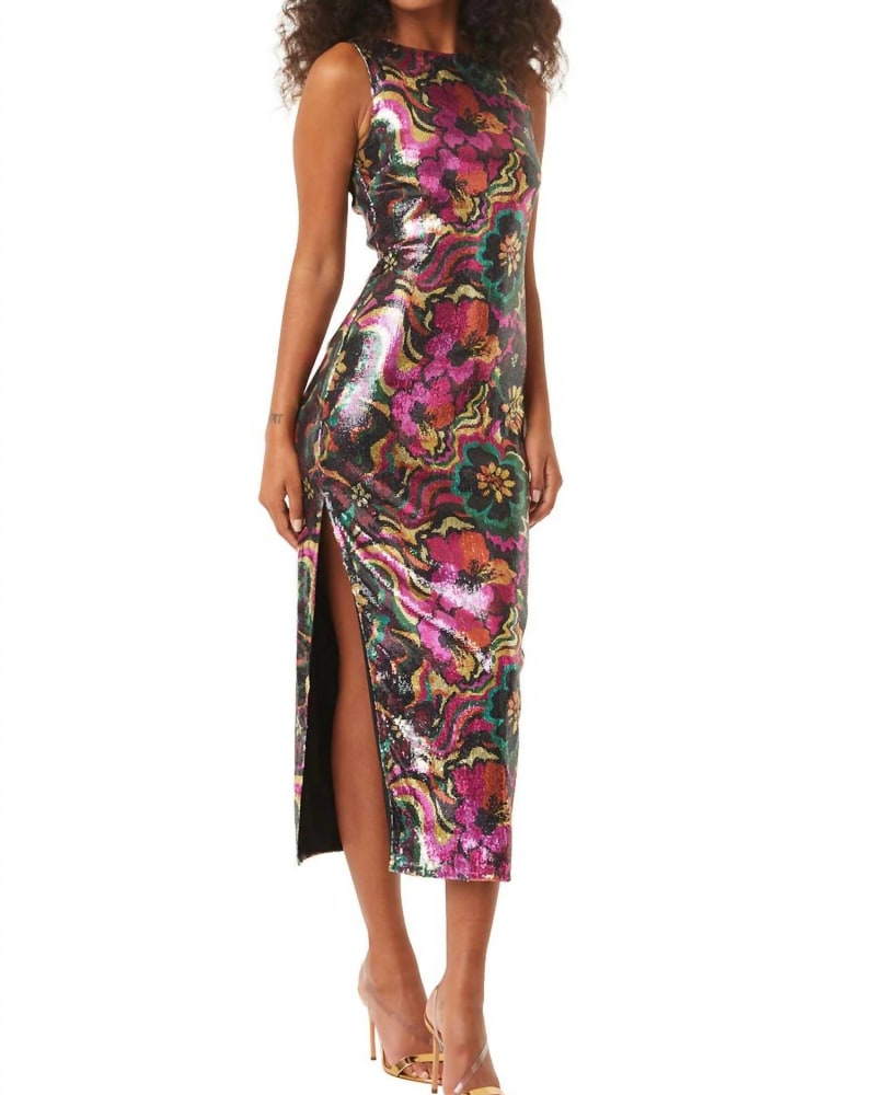 Front of a model wearing a size L Nakia Sleeveless Sequin Midi Dress In Flora Groove Print in Flora Groove Print by Misa Los Angeles. | dia_product_style_image_id:358406